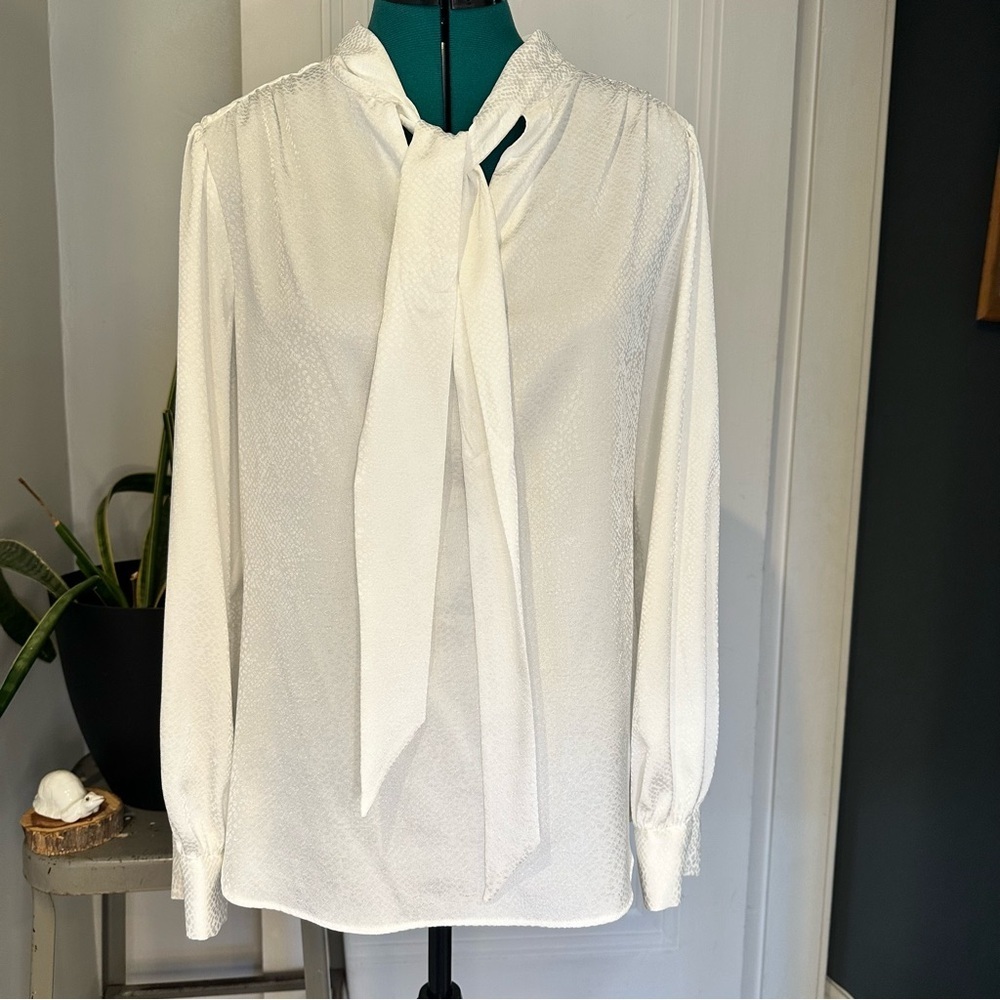 Calvin Klein white metallic Tie-Neck Long Sleeve Blouse